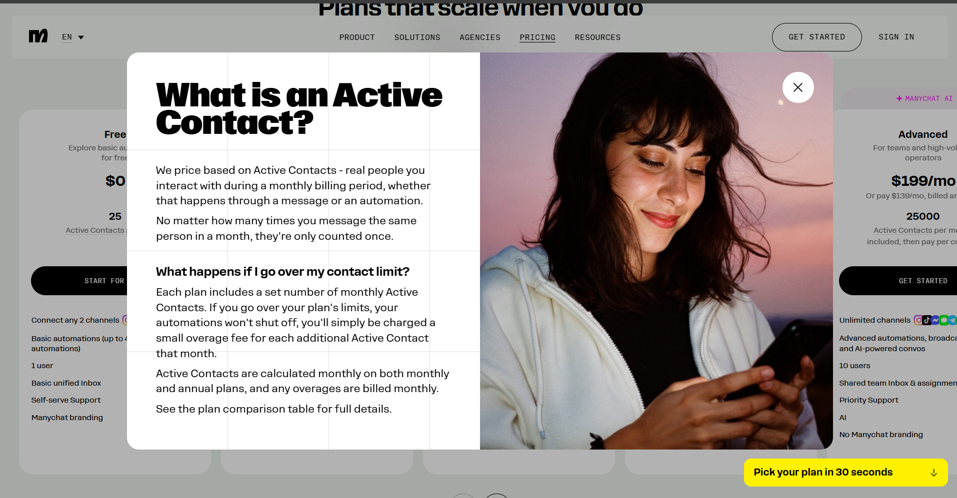 screenshot of manychat active contact