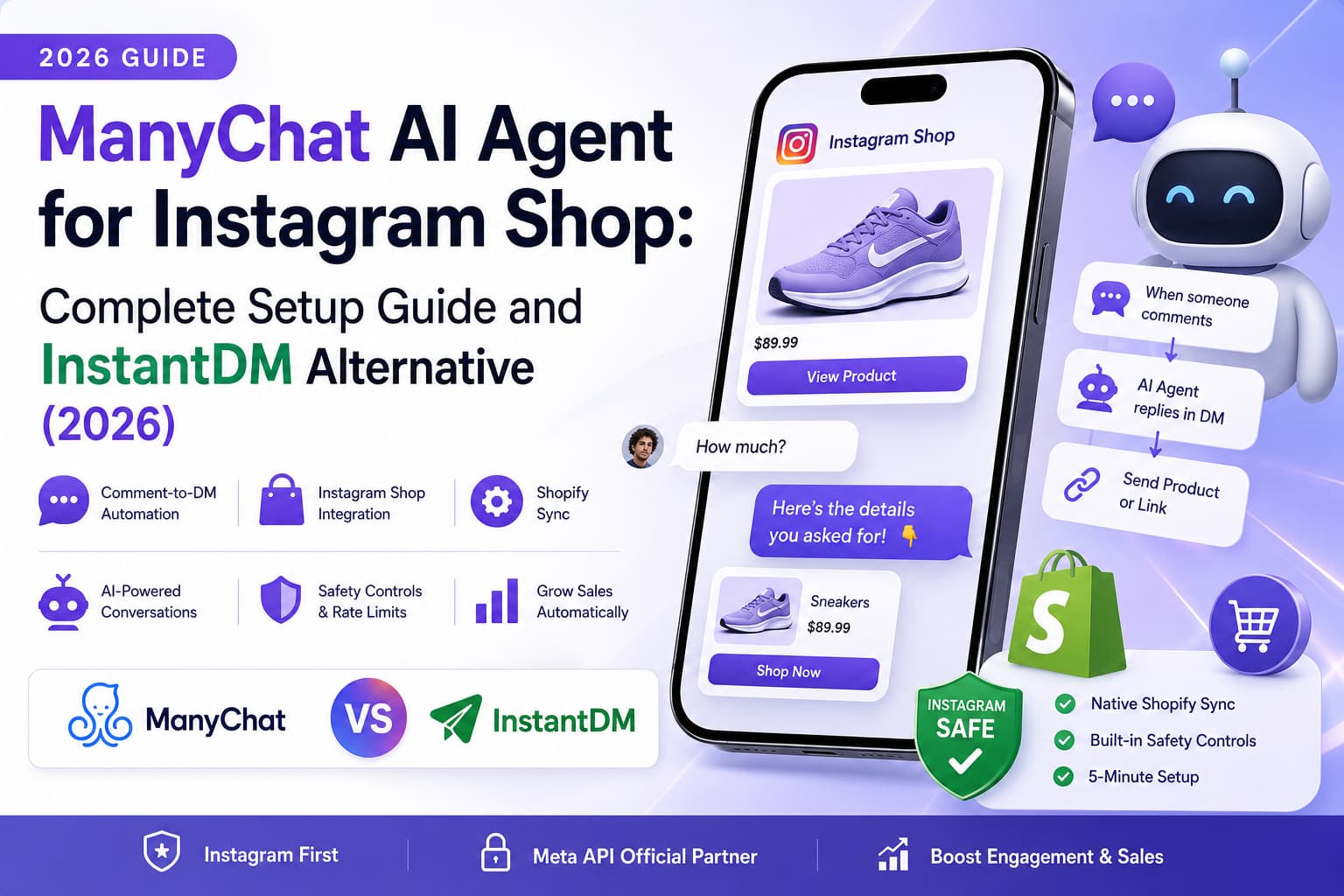 Hero image for a 2026 guide comparing ManyChat AI Agent and InstantDM for Instagram Shop, featuring Instagram DM automation, Shopify integration, AI-powered customer conversations, comment-to-DM workflow, and a side-by-side comparison highlighting InstantDM as an Instagram-first alternative with Meta API support and built-in safety controls.