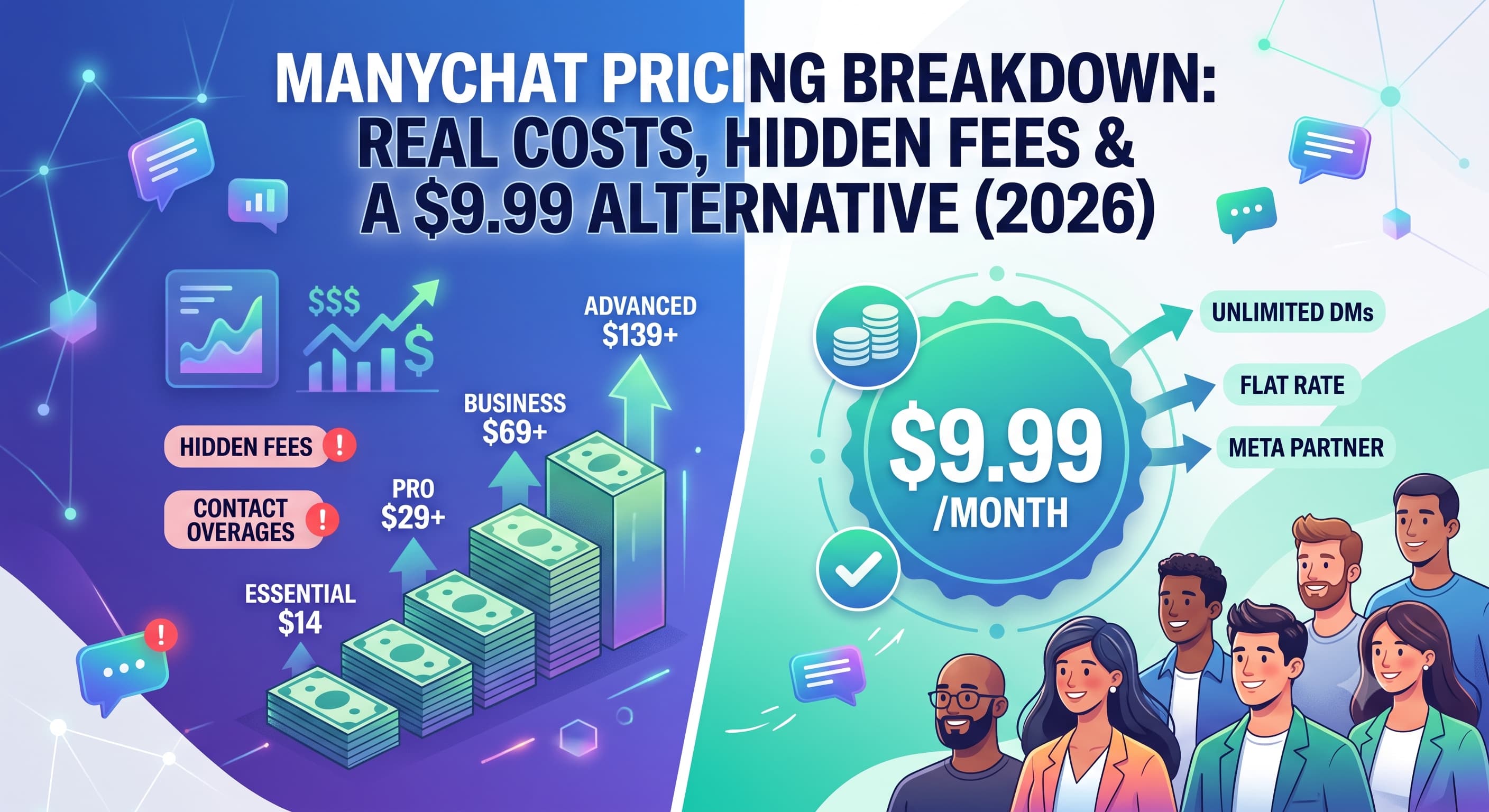 A split-screen graphic comparing ManyChat pricing and InstantDM. On the left, rising green money stacks and warning labels show increasing plan tiers ($14 Essential to $139+ Advanced) with contact overage fees. On the right, a bright green badge highlights InstantDM's $9.99 per month flat rate with unlimited DMs, Meta partnership, and happy creators.