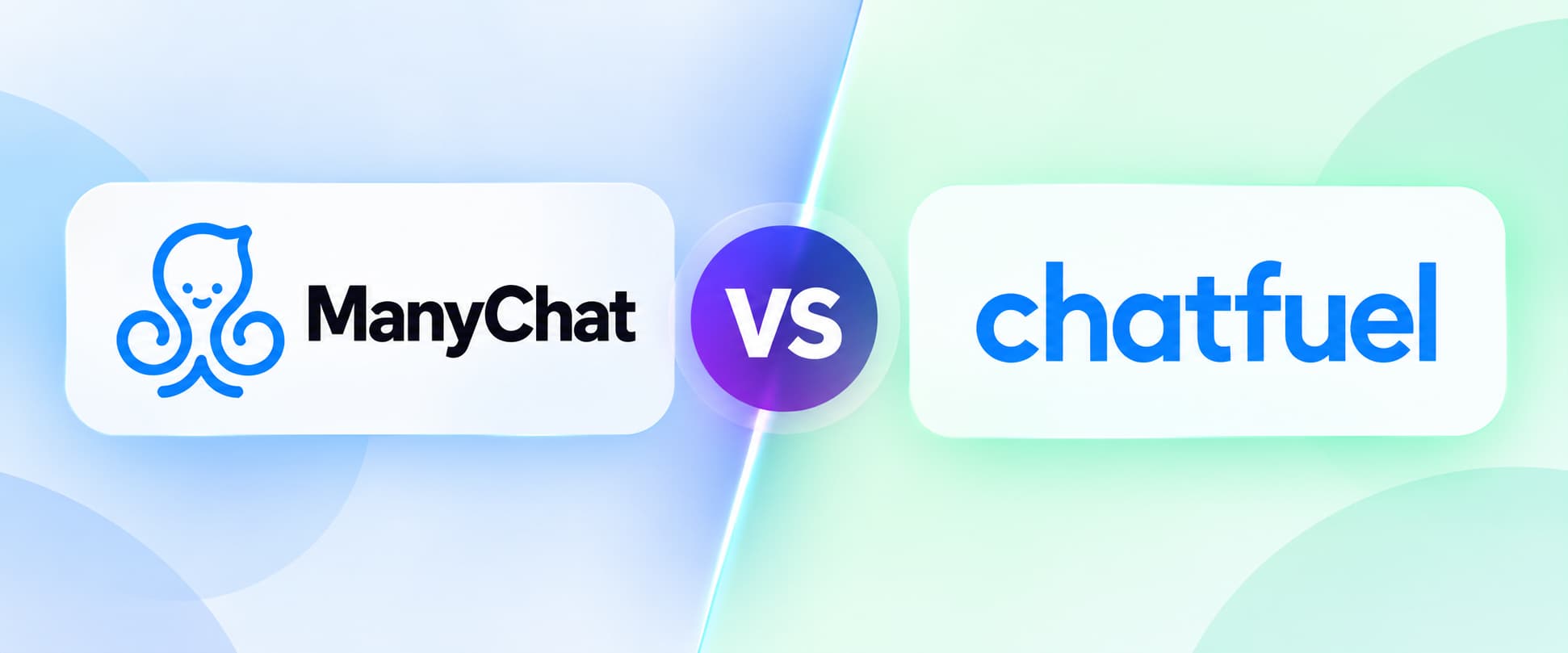 ManyChat vs Chatfuel comparison graphic with the ManyChat logo on the left, Chatfuel logo on the right, and a central “VS” symbol.