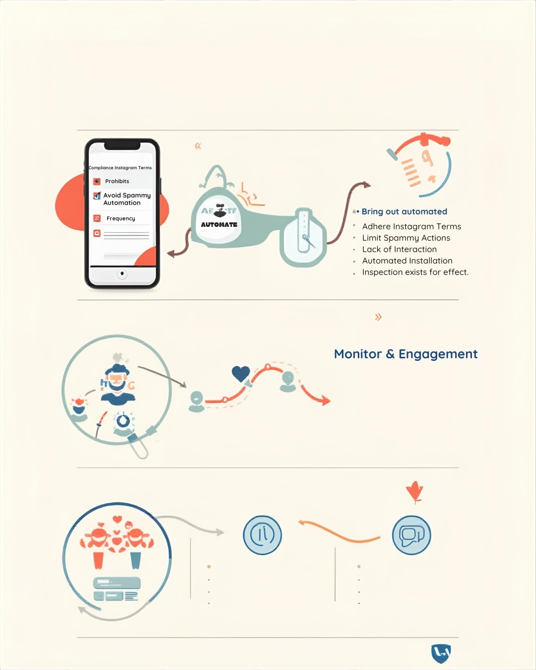 An infographic illustrating how to master Instagram automation responsibly, detailing compliance with terms of service, avoiding spammy actions, and maintaining monitor and engagement loops.