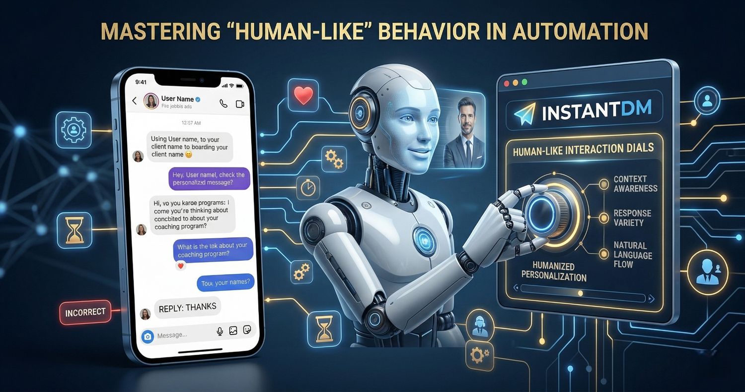 An infographic titled "Mastering Human-Like Behavior in Automation" featuring a robot adjusting dials on an InstantDM interface for "Human-Like Interaction Dials," next to a smartphone showing a personalized chat conversation.