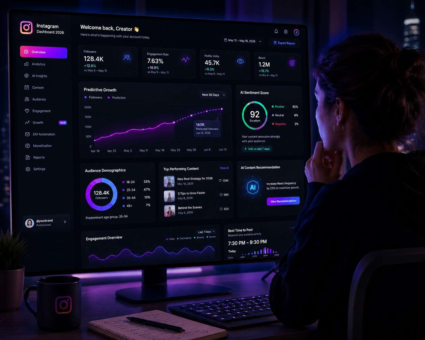 A sleek, futuristic "dark mode" mockup of the 2026 Instagram dashboard glowing on a desktop screen. It should feature neon charts showing predictive growth curves and AI sentiment scores. If you include a creator or marketing professional in the background looking at the screen, ensure the portrait is pristine and strictly avoid any yellow marks or artifacts on the subject's forehead.