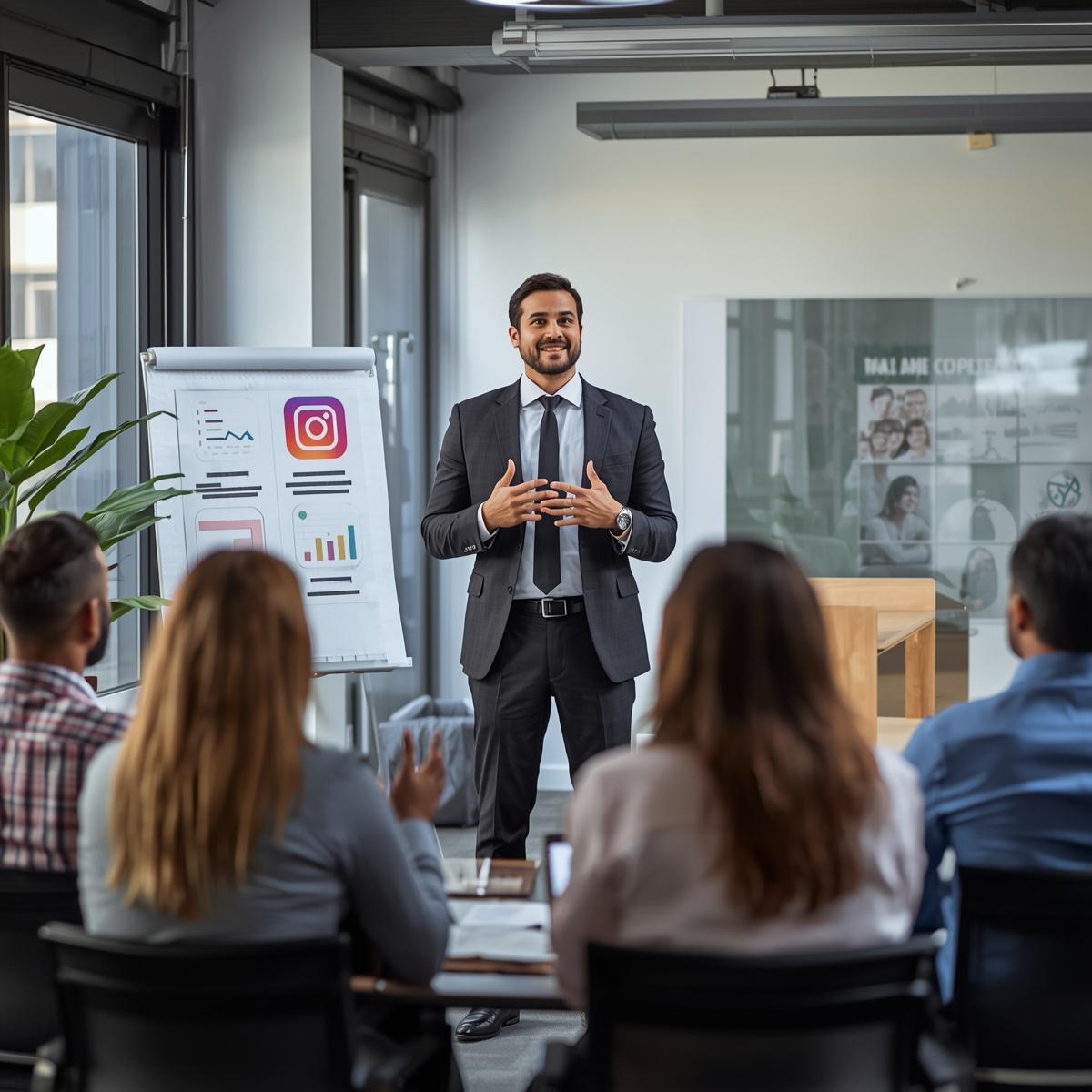 Business professional presenting Instagram marketing strategy to a team in a modern office meeting room.
