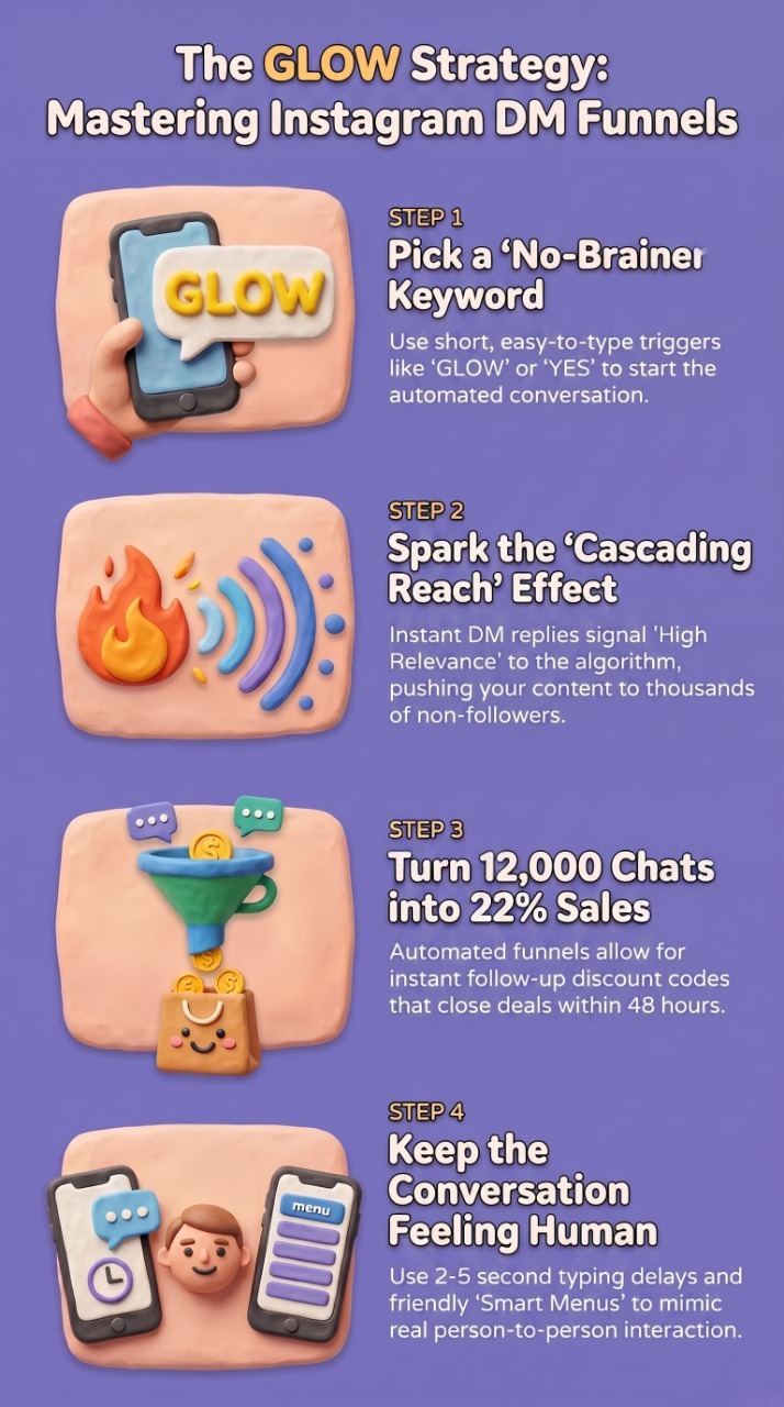 Infographic titled “The GLOW Strategy: Mastering Instagram DM Funnels” on a purple background with clay-style illustrations. The graphic outlines a four-step Instagram DM funnel strategy: Step 1 recommends using a simple keyword like “GLOW” to trigger automated conversations; Step 2 explains how instant DM replies can increase content reach and engagement; Step 3 highlights converting chats into sales through automated follow-ups and discount offers; Step 4 focuses on making automated conversations feel human with typing delays and smart menu options.