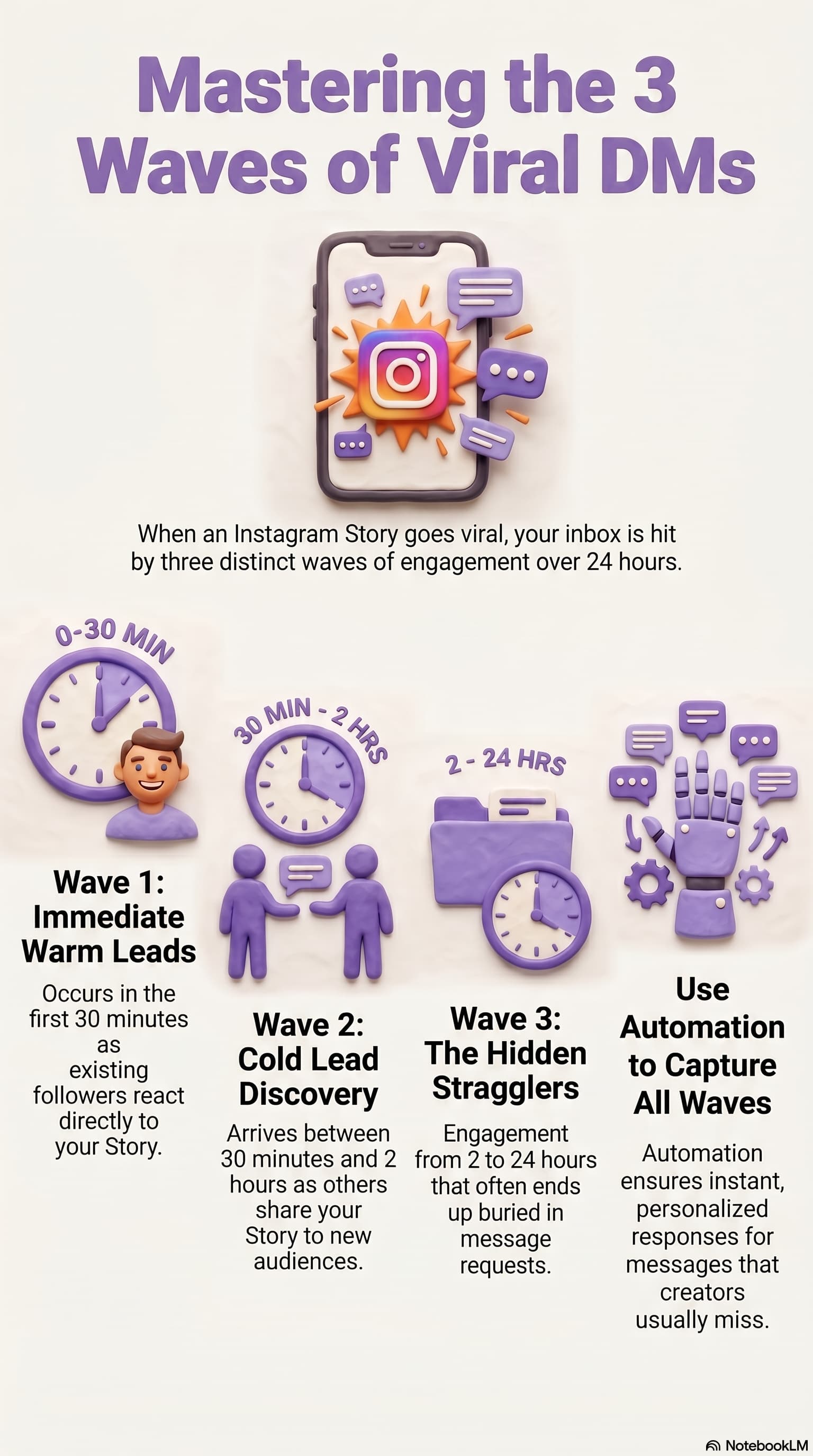 Infographic titled “The Art of Human-Centric DM Automation” on a purple background. The graphic highlights four best practices for creating more natural automated direct message experiences: using interactive questions instead of generic broadcasts, mimicking human pacing with typing delays, sending short and concise message bubbles, and always providing a “Human Help” option. Illustrations of chat interfaces, message bubbles, typing indicators, and a customer support icon visually demonstrate each concept, emphasizing personalized, conversational, and user-friendly DM automation.