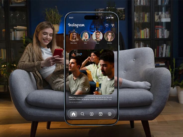 A large smartphone display showcasing an Instagram feed is superimposed over a living room scene where a woman sits comfortably on a grey sofa. The social media interface displays a photo of friends alongside story icons, illustrating a moment of digital connection within a home environment.