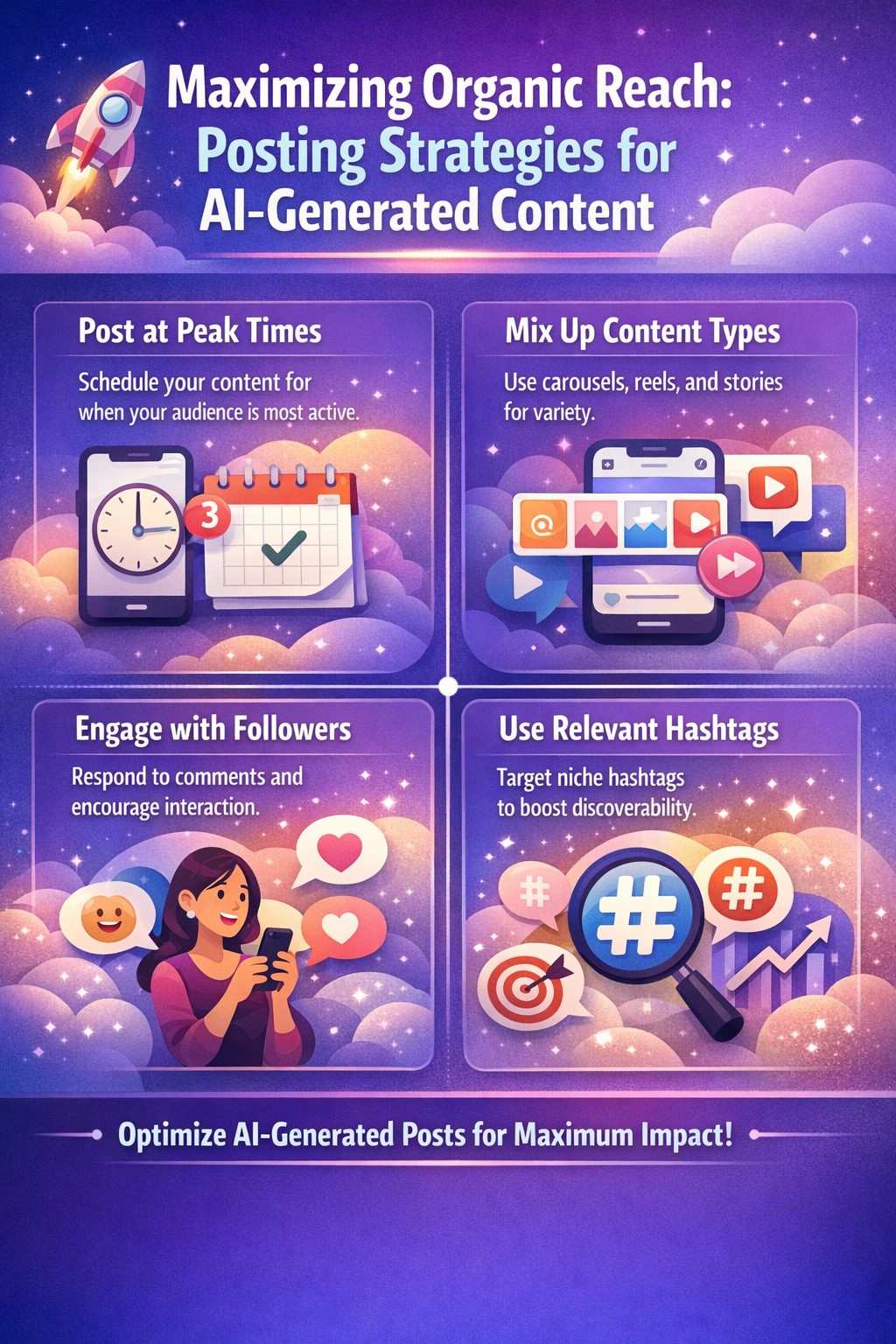 Infographic titled 'Maximizing Organic Reach: Posting Strategies for AI-Generated Content.' It outlines four key tips: Post at Peak Times, Mix Up Content Types, Engage with Followers, and Use Relevant Hashtags, set against a purple, starry background.