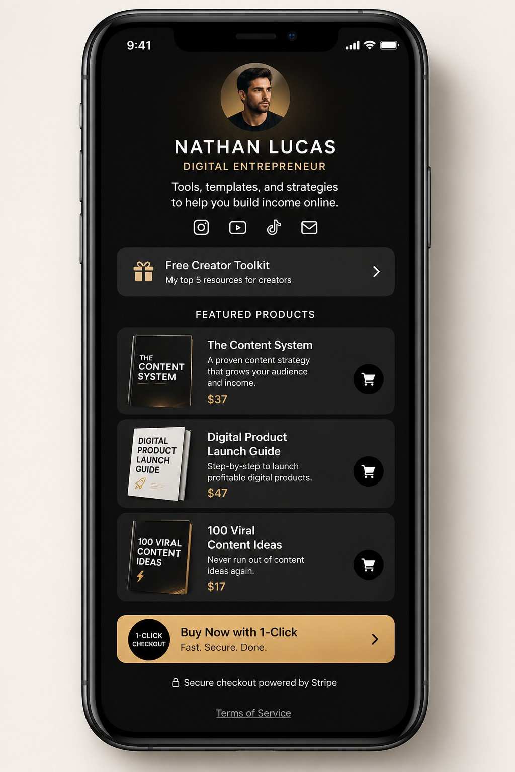A smartphone mockup of a premium dark-themed 'Link-in-Bio' page for a digital entrepreneur, featuring a professional headshot, social media links, and a list of featured digital products for sale.
