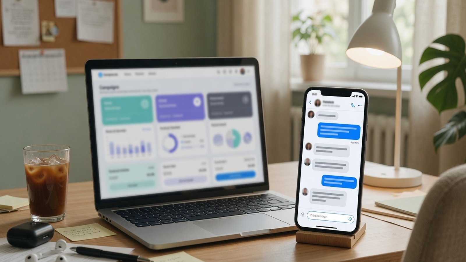 Laptop ads view next to a phone with a new message thread