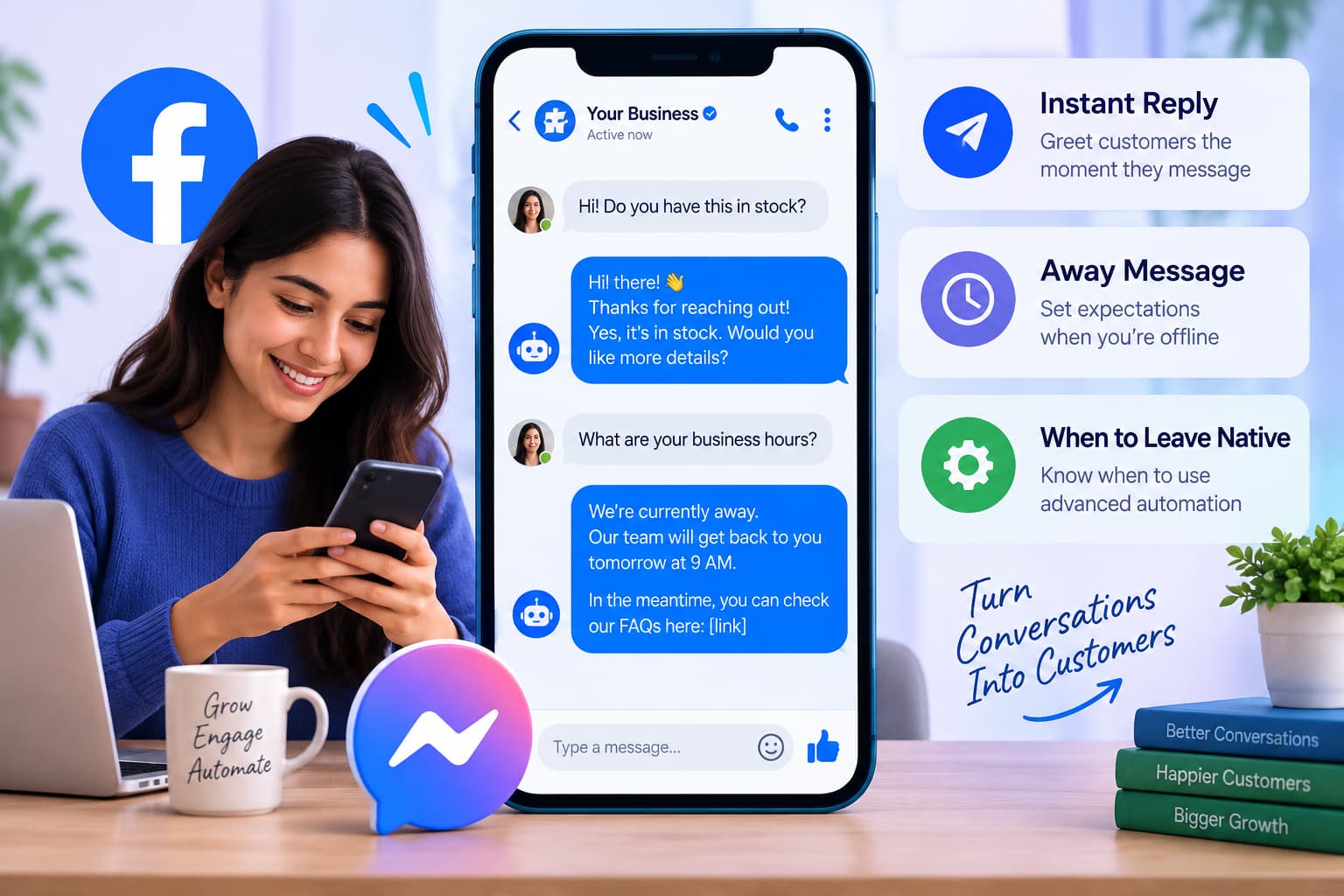 Facebook Messenger autoresponder showing instant replies, away messages, and automation options for a business.