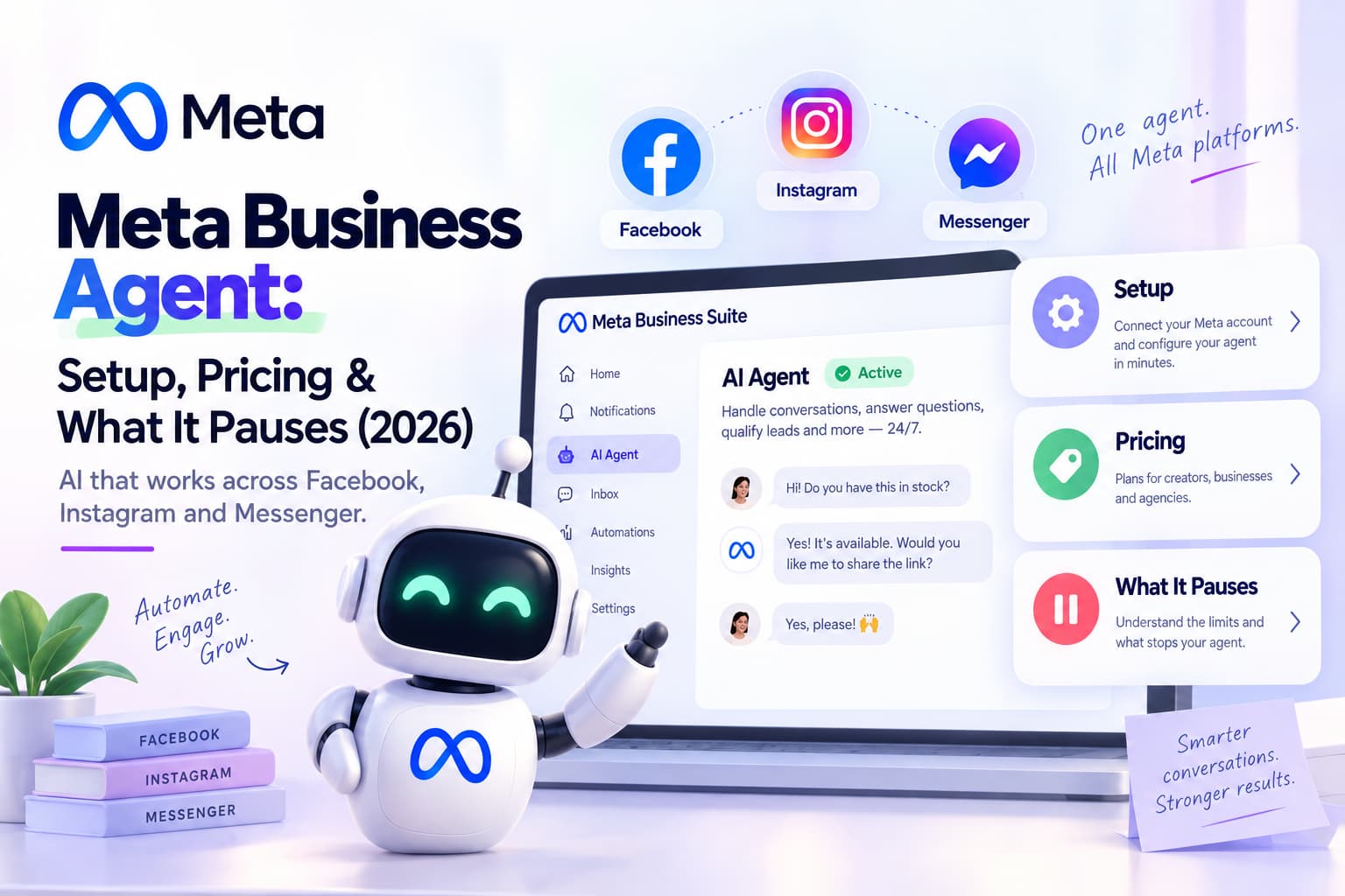 Meta Business Agent hero illustration showing setup, pricing, and automation limits across Facebook, Instagram, and Messenger in 2026.