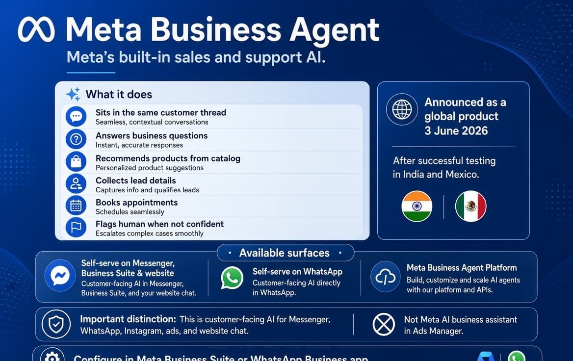 Meta Business Agent promotional graphic on a deep Facebook blue background. Title reads “Meta Business Agent – Meta’s built-in sales and support AI.” Left section lists what it does: sits in the same customer thread, answers business questions, recommends products from catalog, collects lead details, books appointments, and flags a human when not confident. Right side notes it was announced as a global product on 3 June 2026 after testing in India and Mexico, with India and Mexico flags. Bottom section shows three available surfaces: Self-serve on Messenger/Business Suite & website, Self-serve on WhatsApp, and Meta Business Agent Platform. Footer clarifies it is customer-facing AI for Messenger, WhatsApp, Instagram, ads and website chat, and is not the Meta AI business assistant in Ads Manager. Configure in Meta Business Suite or WhatsApp Business app.