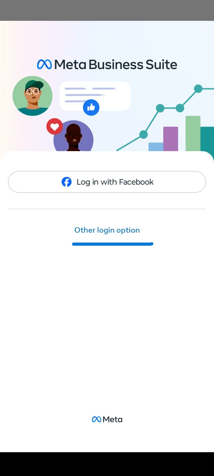 Screenshot of the Meta Business Suite login portal. The interface prominently features a white