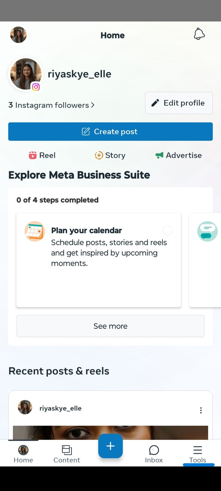 Screenshot of the Meta Business Suite mobile app home dashboard for the account