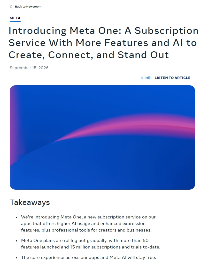 Meta newsroom article dated September 15, 2026 titled Introducing Meta One: A Subscription Service With More Features and AI to Create, Connect, and Stand Out, with its three takeaways