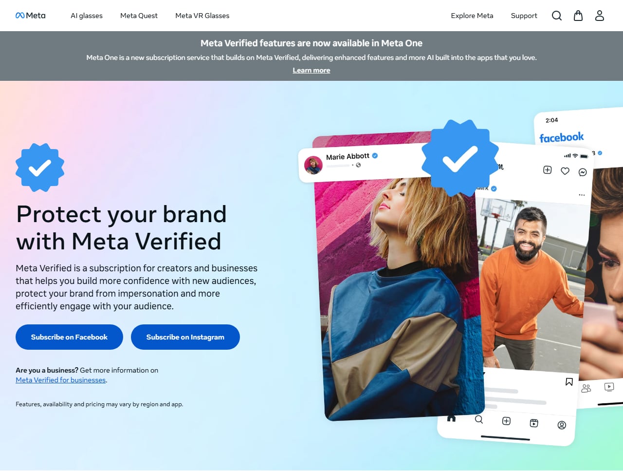 Meta Verified page on meta.com with a banner saying Meta Verified features are now available in Meta One, the headline Protect your brand with Meta Verified, and Subscribe on Facebook and Subscribe on Instagram buttons