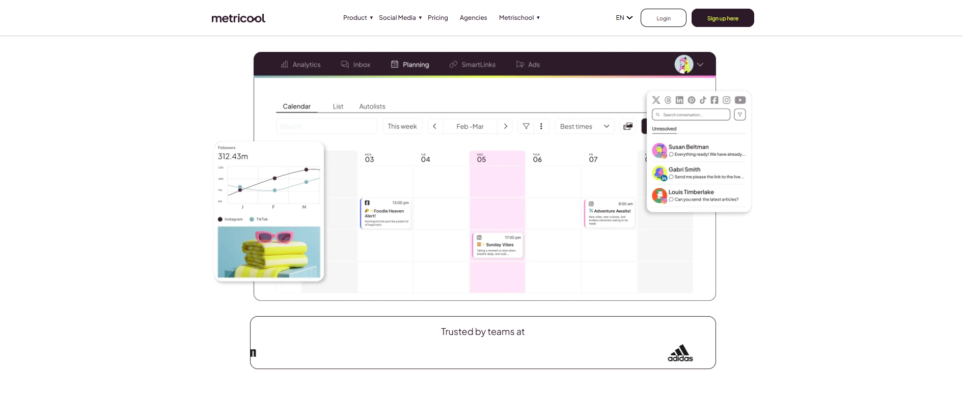 A calendar view where you can see scheduled posts for different platforms (like Facebook and Instagram) laid out by day and time.