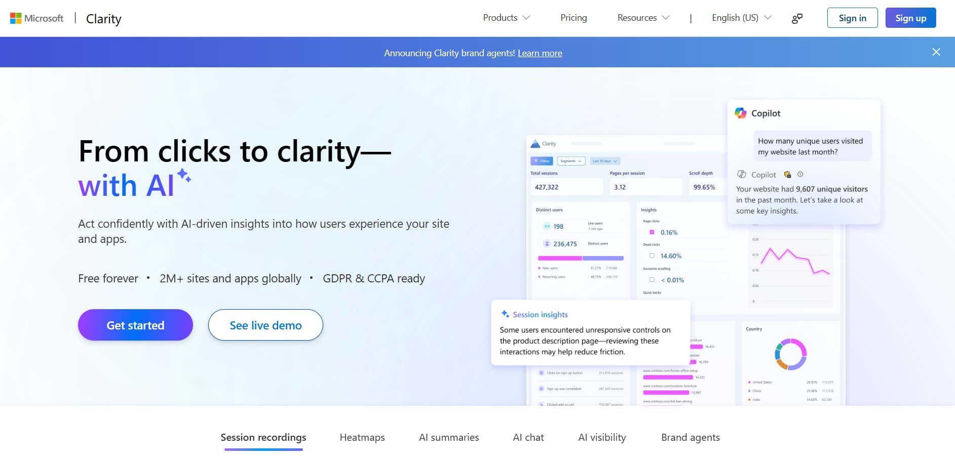 Microsoft Clarity website homepage showcasing AI-powered website analytics, session recordings, heatmaps, AI insights, and Copilot.