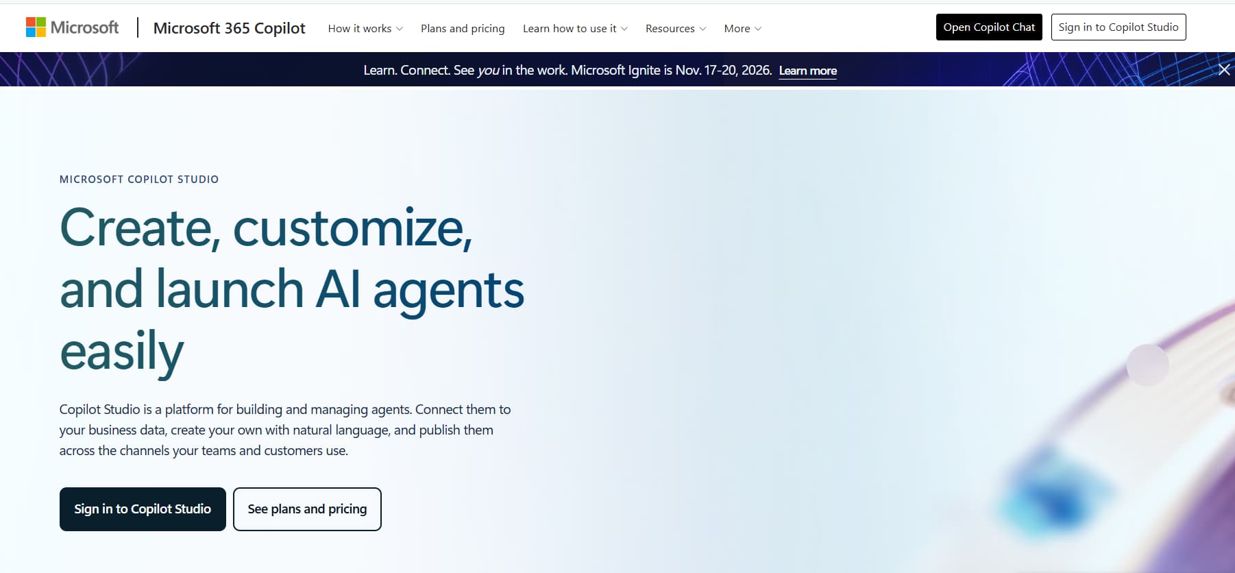 Microsoft Copilot Studio webpage showcasing a platform to create, customize, and launch AI agents connected to business data and customer channels.
