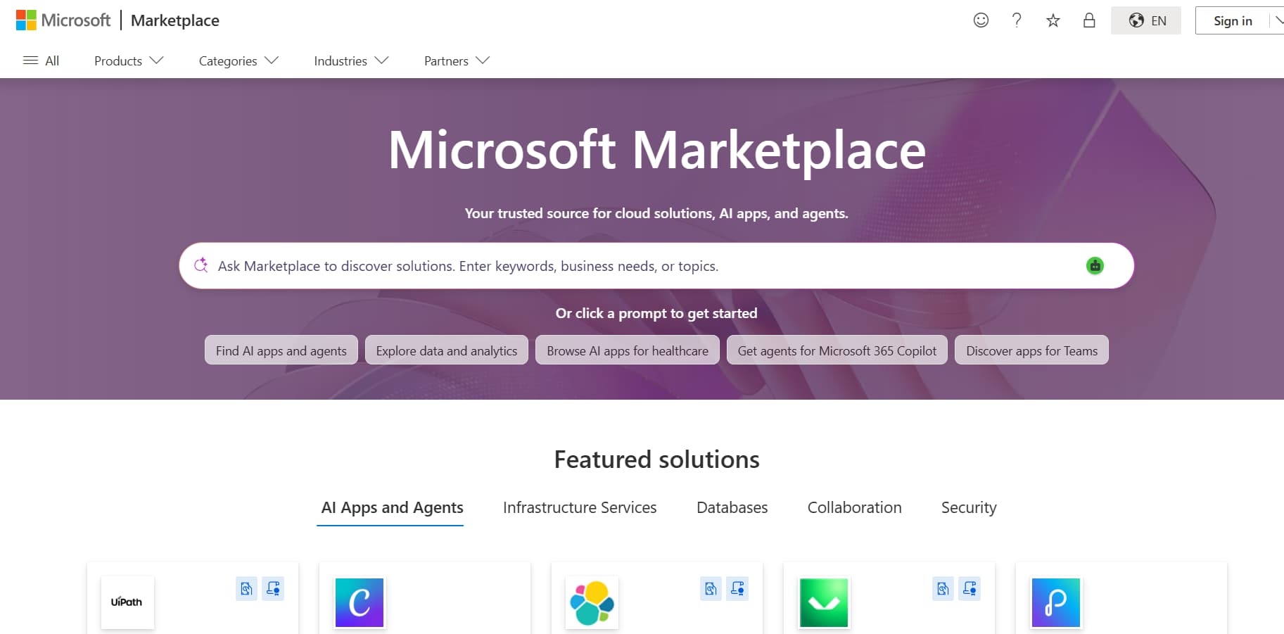 Microsoft Marketplace homepage showing a search bar for cloud solutions, AI apps, and agents, with featured solution categories and app listings below.