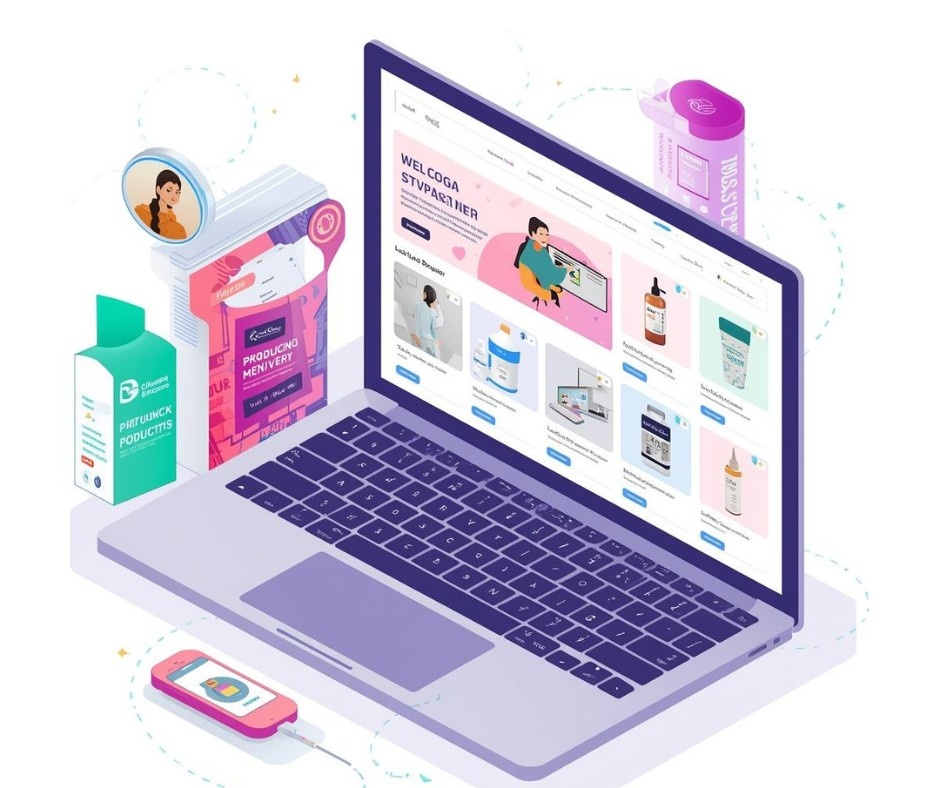 An isometric digital illustration of a laptop showing a clean e-commerce sales page with product grids, accompanied by a smartphone and stylized product packaging in green and pink.