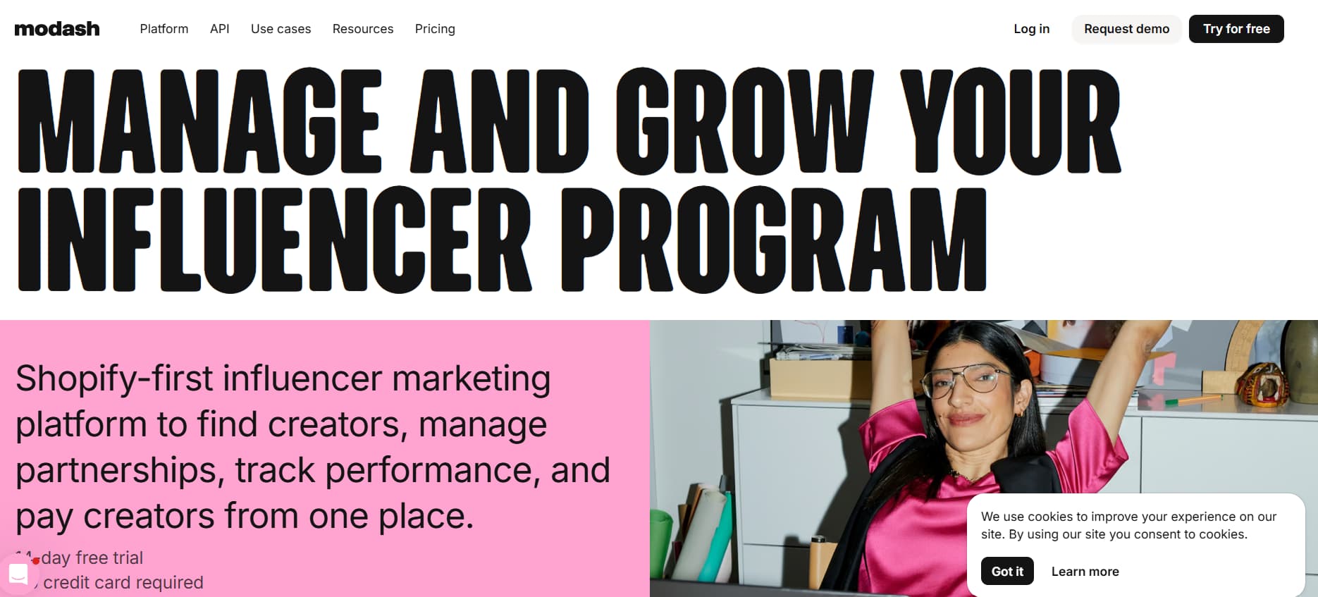 Modash influencer marketing platform homepage showcasing tools to find creators, manage partnerships, track performance, and pay influencers.