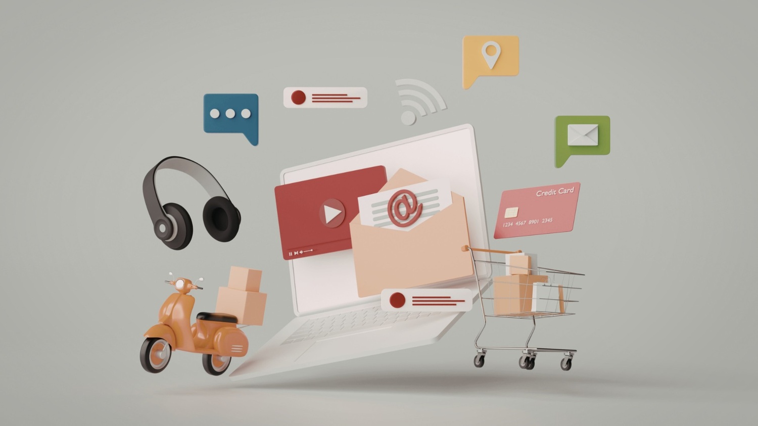 A 3D isometric illustration of a laptop surrounded by floating digital marketing icons, including a video player, email envelope, credit card, shopping cart, and a delivery scooter.  The clean, modern design uses a soft pastel color palette to represent the interconnected ecosystem of modern social selling and e-commerce.