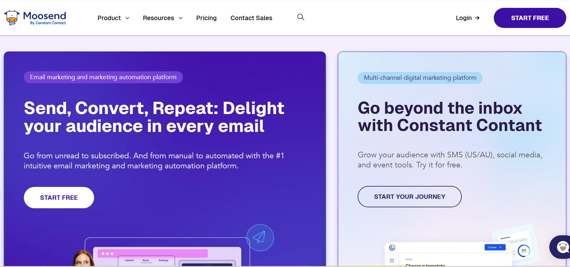 Moosend homepage promoting its email marketing and marketing automation platform. The page highlights features for email campaigns, automation, and audience growth with the headline 