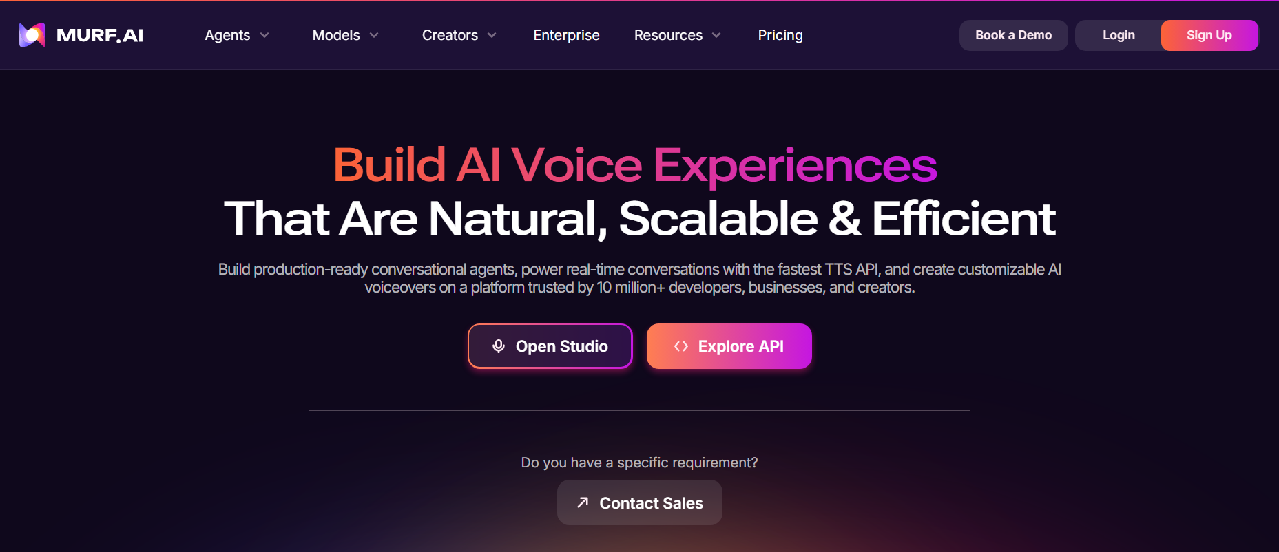 Murf AI homepage hero section promoting AI voice experiences, with buttons to open Studio, explore the API, and contact sales.