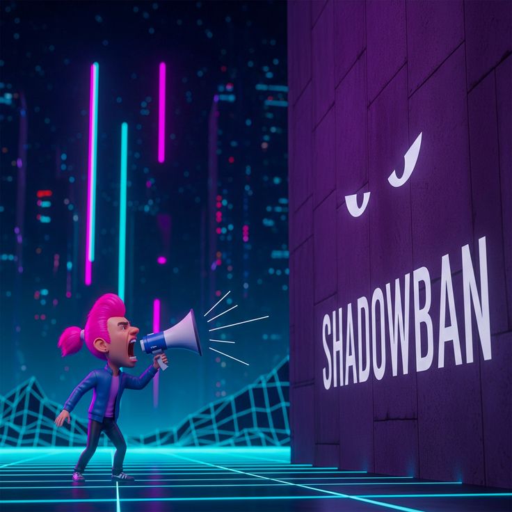 A stylized 3D animation graphic featuring a character with bright pink hair shouting through a megaphone at a massive, dark wall. On the wall, the word 
