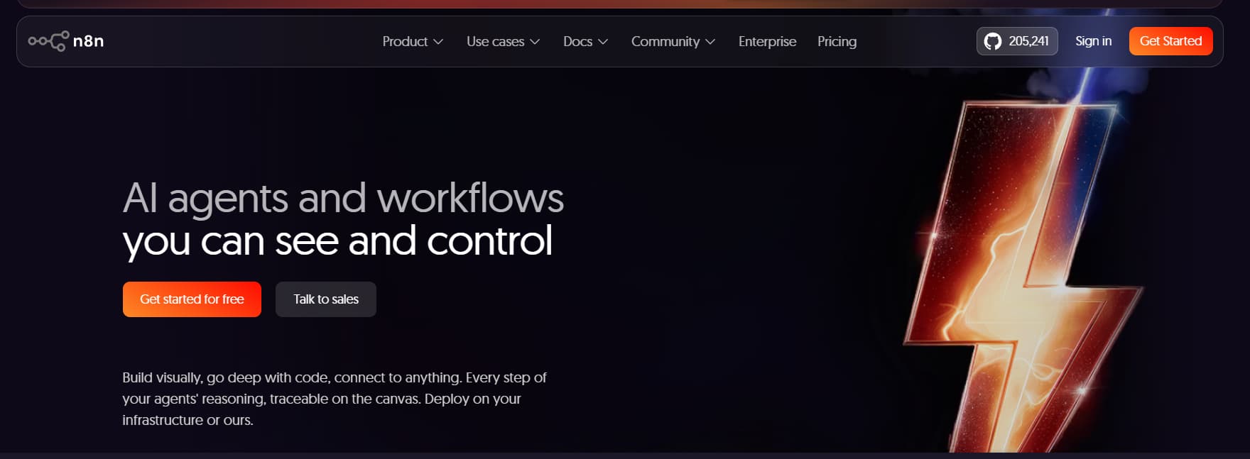 n8n AI agent platform webpage featuring visible and controllable AI agents and workflows, with a glowing lightning bolt graphic on a dark background.