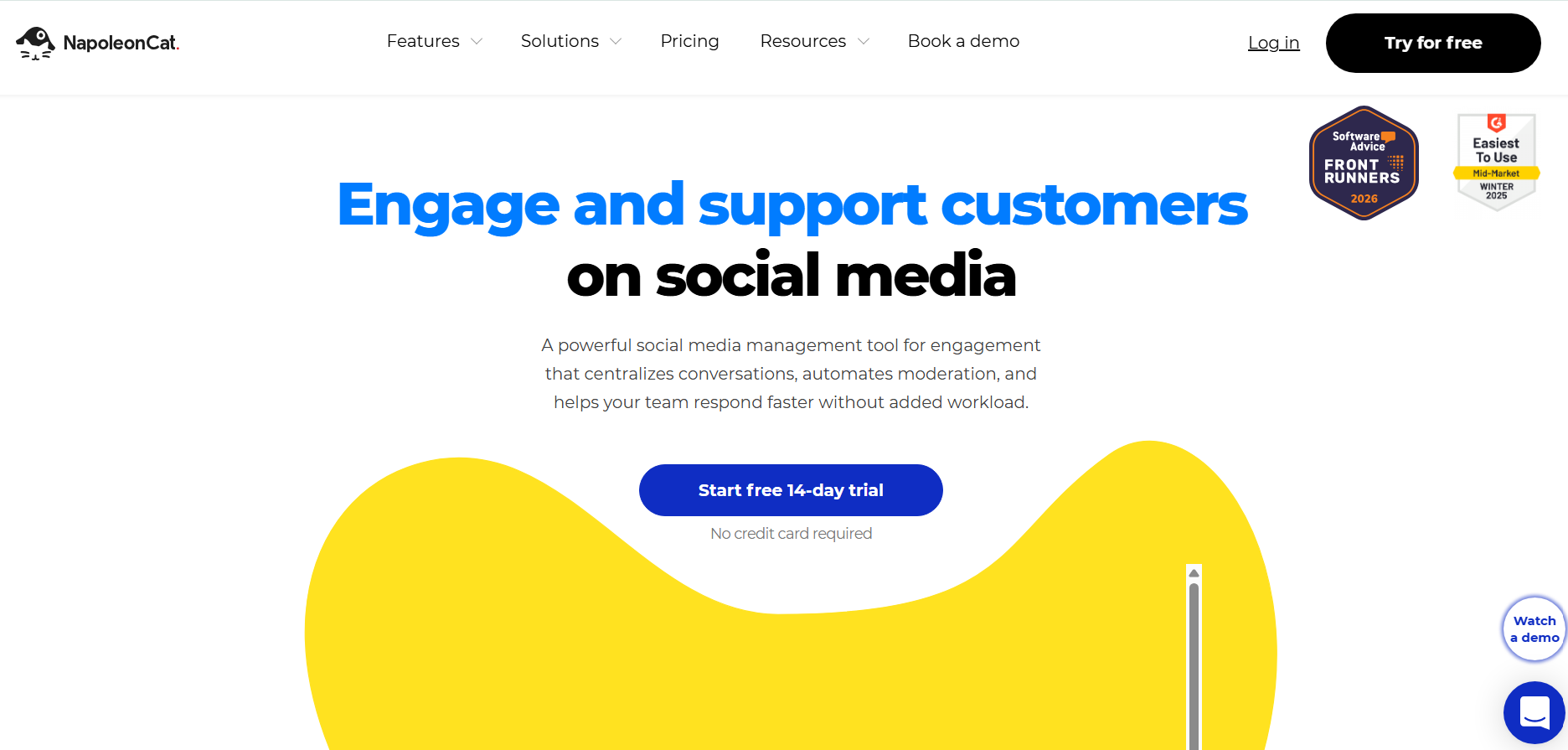 **Alt text:**
Screenshot of the NapoleonCat homepage featuring the headline "Engage and support customers on social media." The page promotes a social media management platform for engagement, moderation, and customer support, with a "Start free 14-day trial" button, navigation links, software award badges, and a large yellow abstract graphic in the hero section.