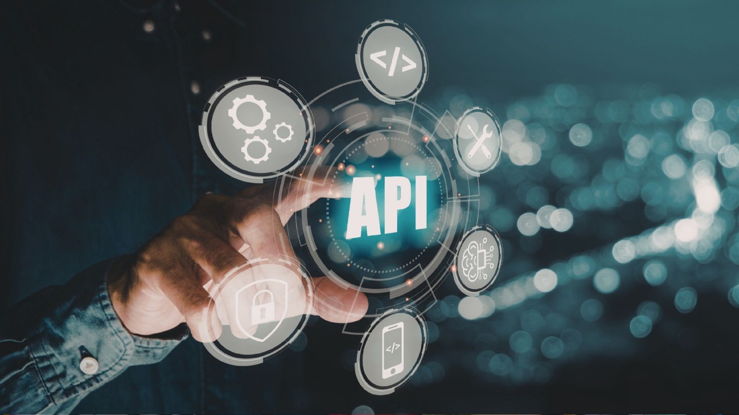 A hand touching a glowing 'API' digital icon surrounded by technical symbols for coding, security, and mobile connectivity, representing the navigation of rate limits for the Instagram API to ensure safe DM automation in 2026.