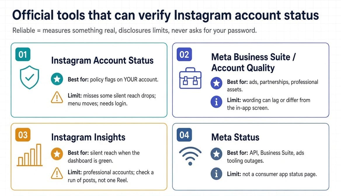 Infographic of four official Instagram status tools: in-app Account Status, Meta Account Quality, Instagram Insights, and Meta Status, with what each can verify and its limits.