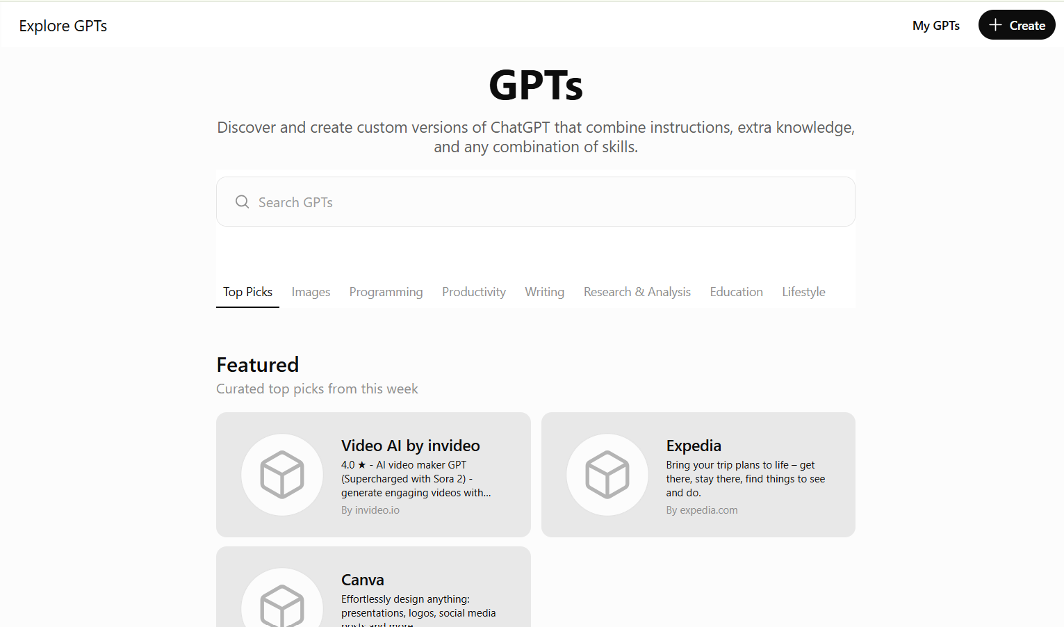 ChatGPT GPTs Explore page showing a search bar, category tabs like Programming, Writing, and Research & Analysis, and featured GPTs including Video AI by InVideo, Expedia, and Canva.