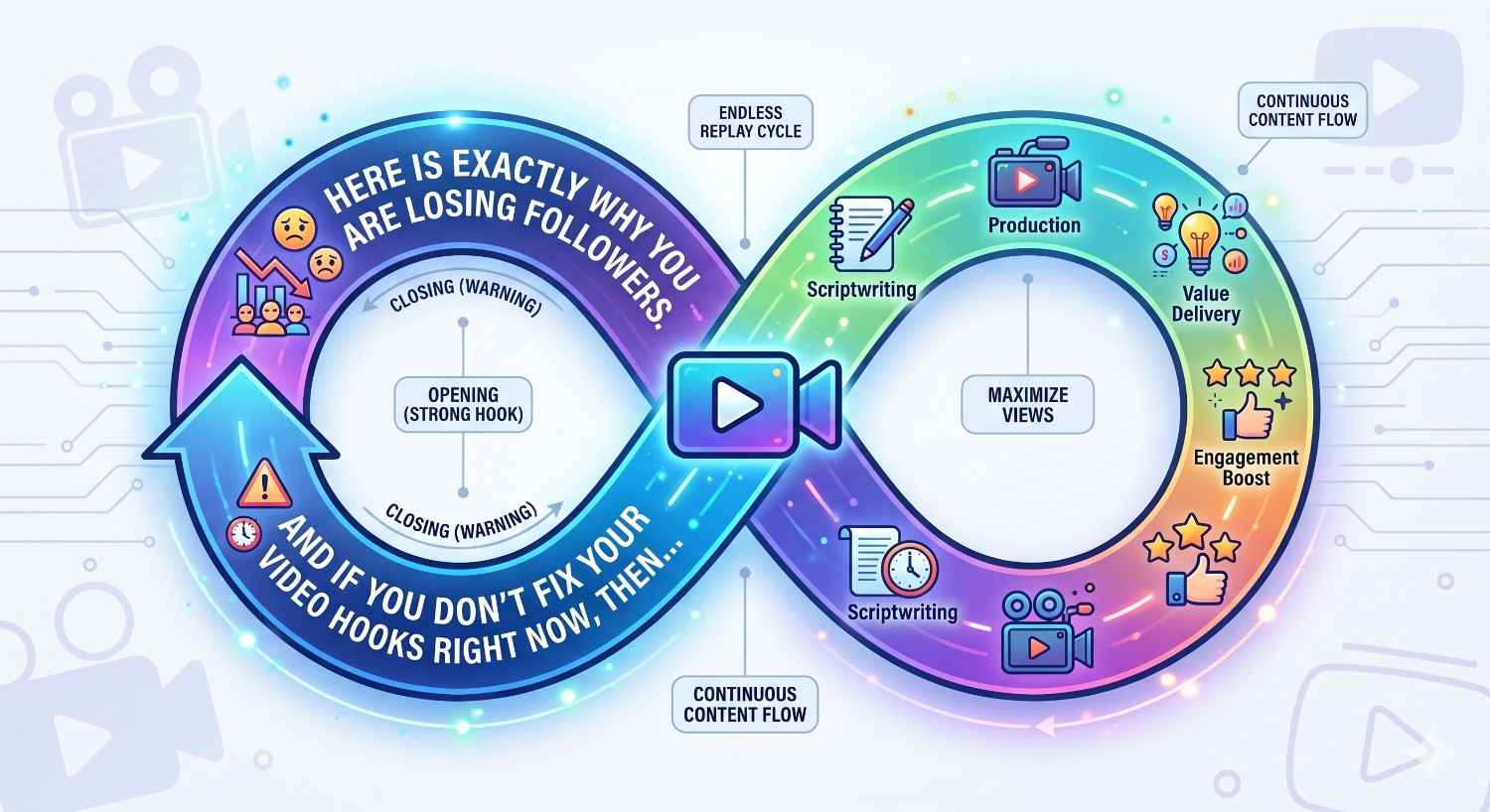 An infinity-shaped infographic explaining how to optimize short-form video for a 'seamless loop.' It contrasts poor video hooks that lose followers with a continuous cycle of scriptwriting, production, value delivery, and engagement to maximize views.