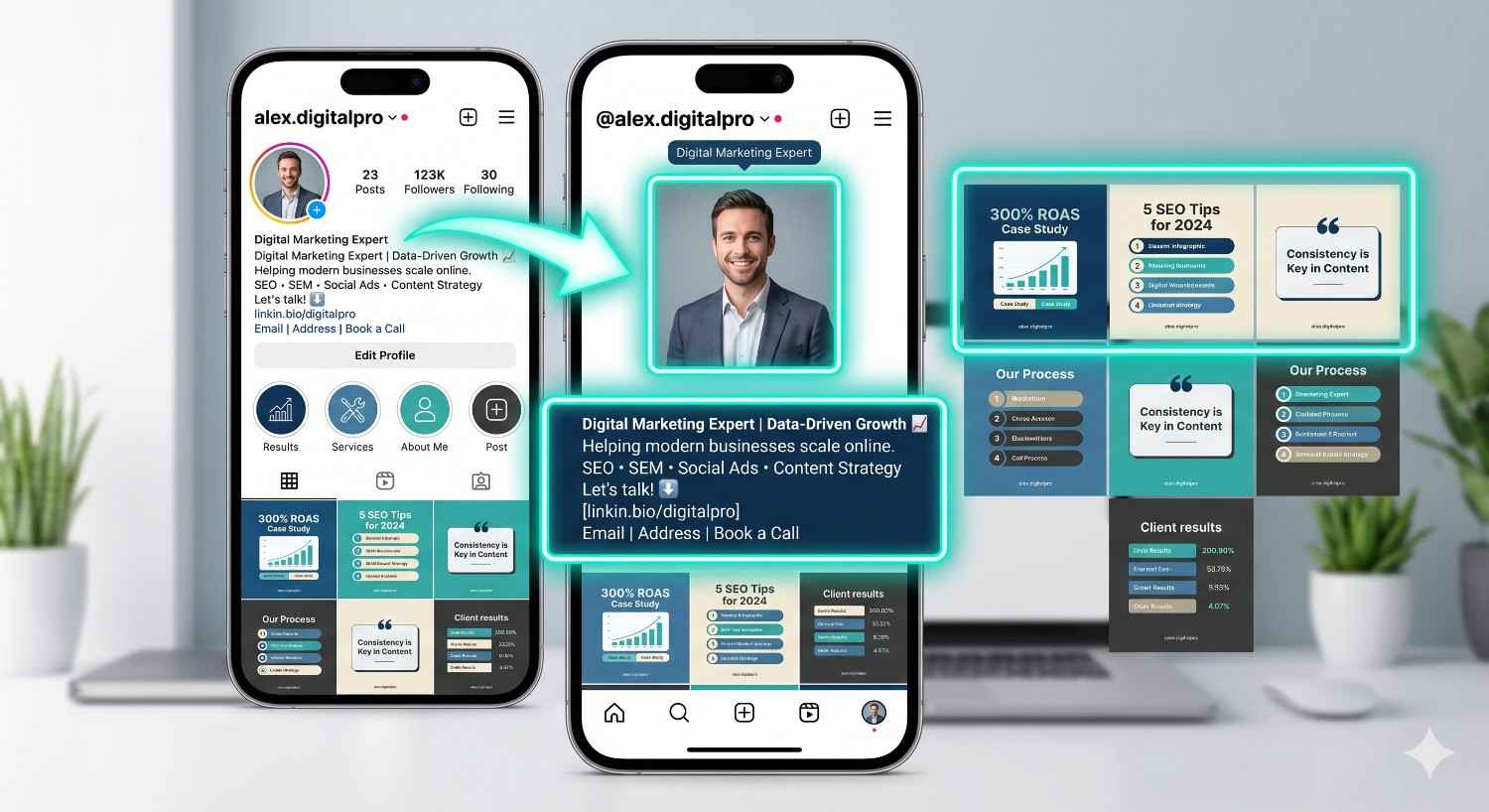 An infographic showing how to optimize a digital marketing Instagram profile with a professional bio and high-value grid content.