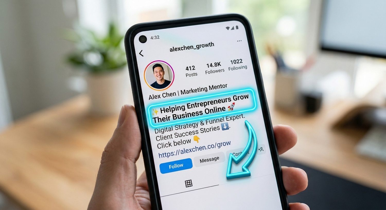 A hand holding a smartphone that displays an Instagram profile for "Alex Chen | Marketing Mentor," with a glowing neon box highlighting the "Helping Entrepreneurs Grow Their Business Online" bio section and an arrow pointing to the link.