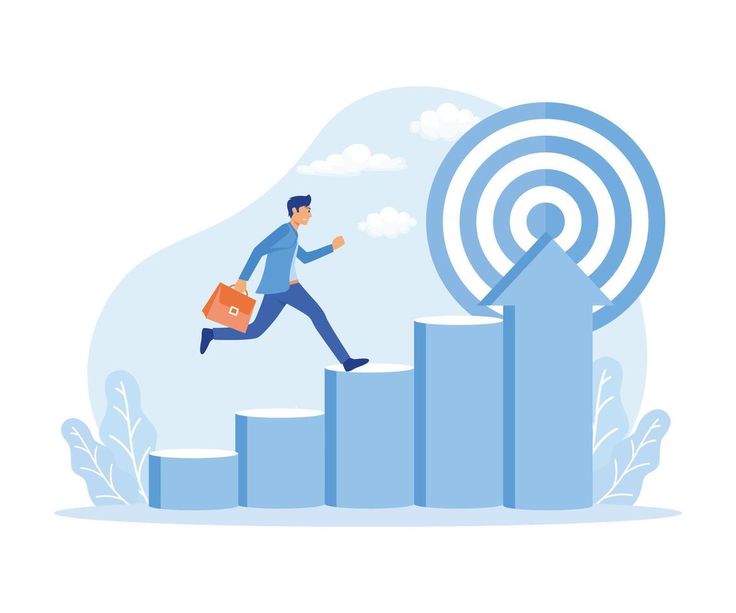 A businessman running up a rising bar graph that culminates in an upward arrow pointing toward a bullseye target.