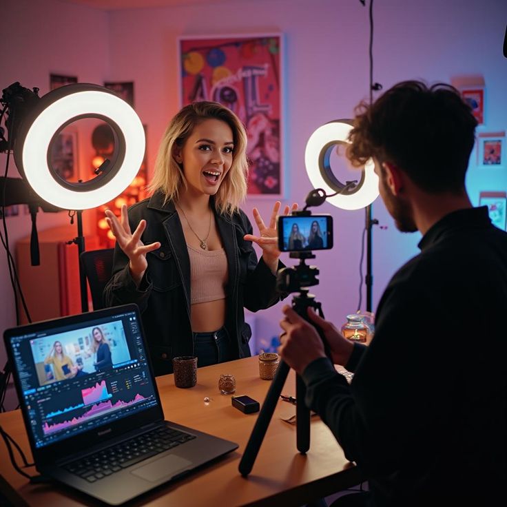 A young woman with blonde hair gestures enthusiastically while being filmed by a man using a smartphone on a tripod. The room is set up as a professional studio with two large ring lights, and a laptop in the foreground shows a video editing interface.