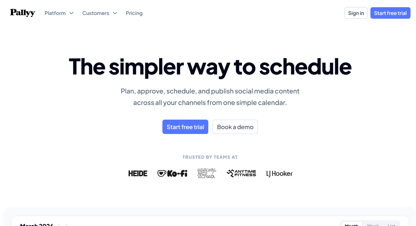 **Alt text:**
Screenshot of the Pallyy homepage featuring the headline "The simpler way to schedule," promoting a social media scheduling platform. The page includes navigation links, "Start free trial" and "Book a demo" buttons, customer logos, and messaging about planning, approving, scheduling, and publishing social media content from a single calendar.