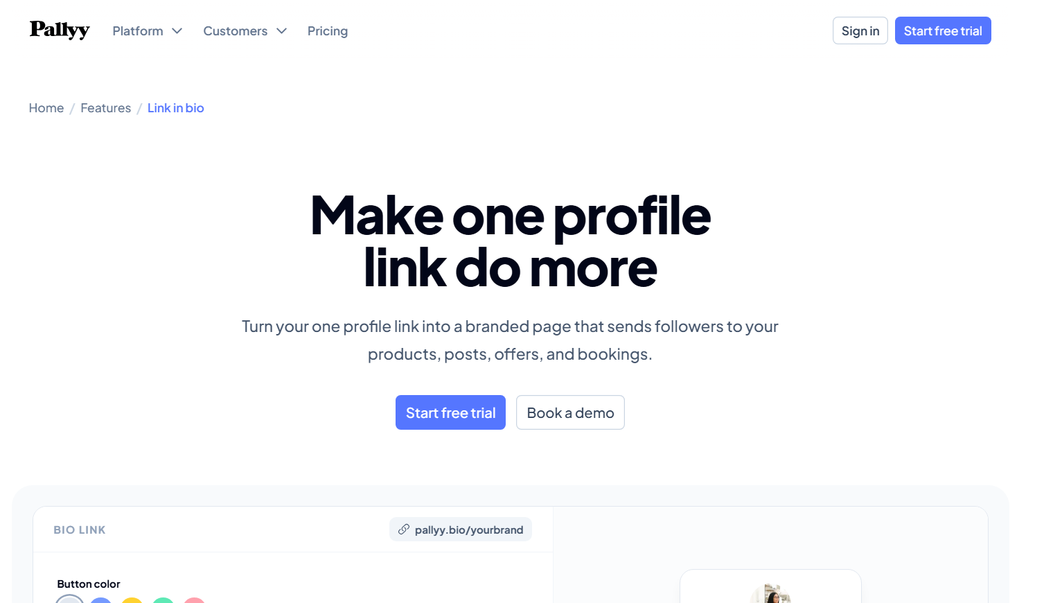 Pallyy link-in-bio landing page featuring the headline 