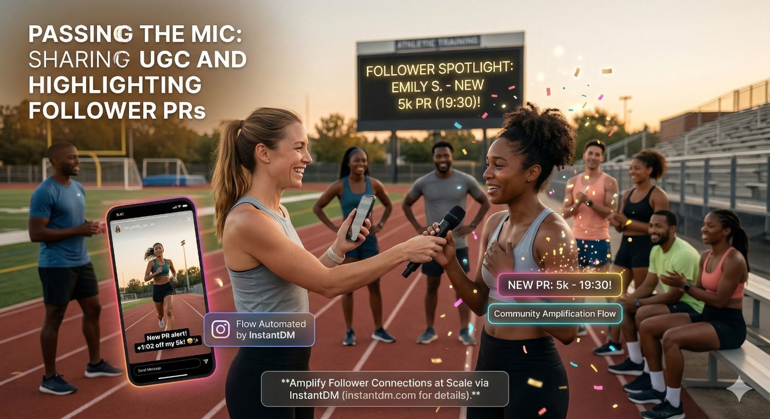 Digital illustration titled "Passing the Mic" showing a creator interviewing an athlete at a track, with a smartphone displaying an "InstantDM Automated Flow" that amplifies User-Generated Content (UGC) and follower personal records (PRs) at scale.