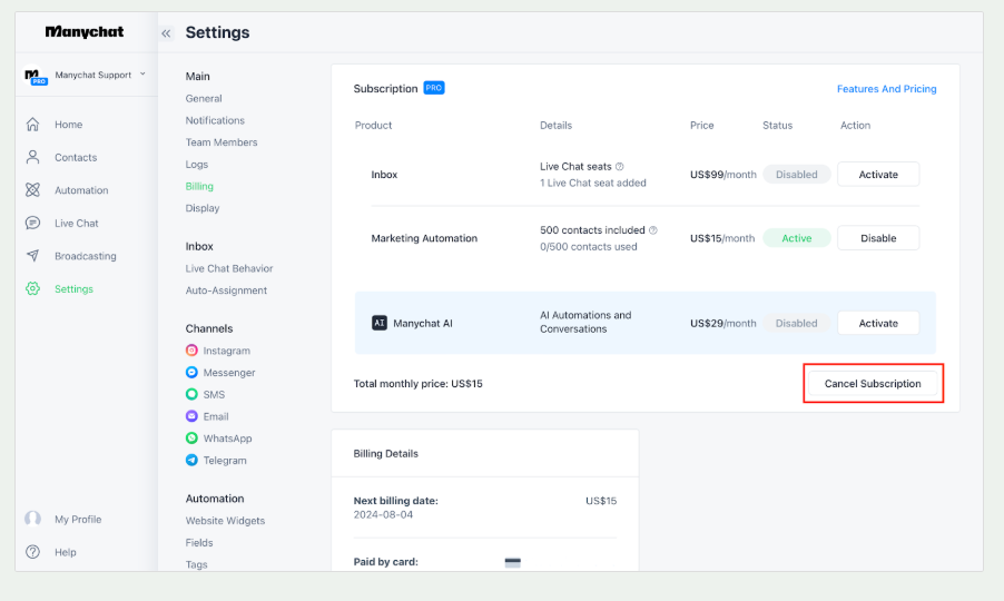 Screenshot of the ManyChat Settings dashboard under the Billing tab, showing current subscription details and a clearly highlighted "Cancel Subscription" button outlined in a red box.