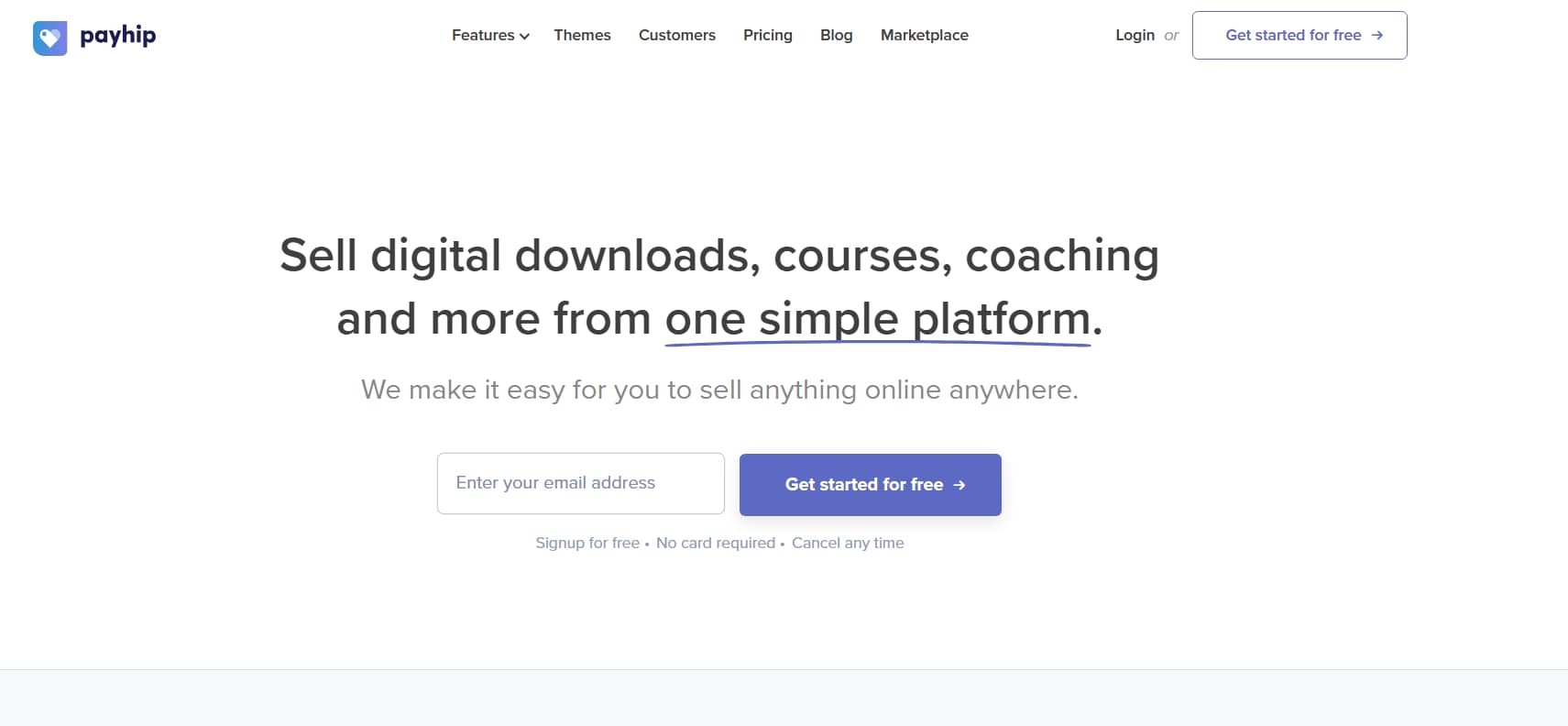 Payhip homepage promoting a platform for selling digital downloads, online courses, coaching, memberships, and other digital products. The page features a clean white design with the headline 