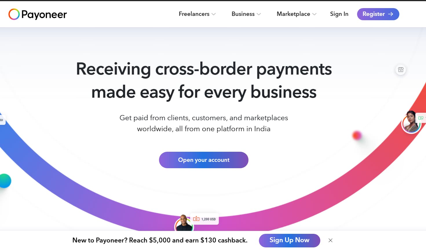 Payoneer homepage highlighting cross-border payment solutions for businesses and freelancers, featuring the headline
