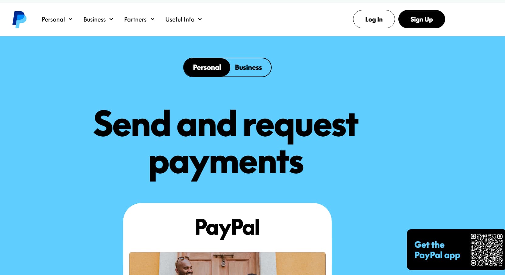 PayPal homepage promoting online money transfers with the headline