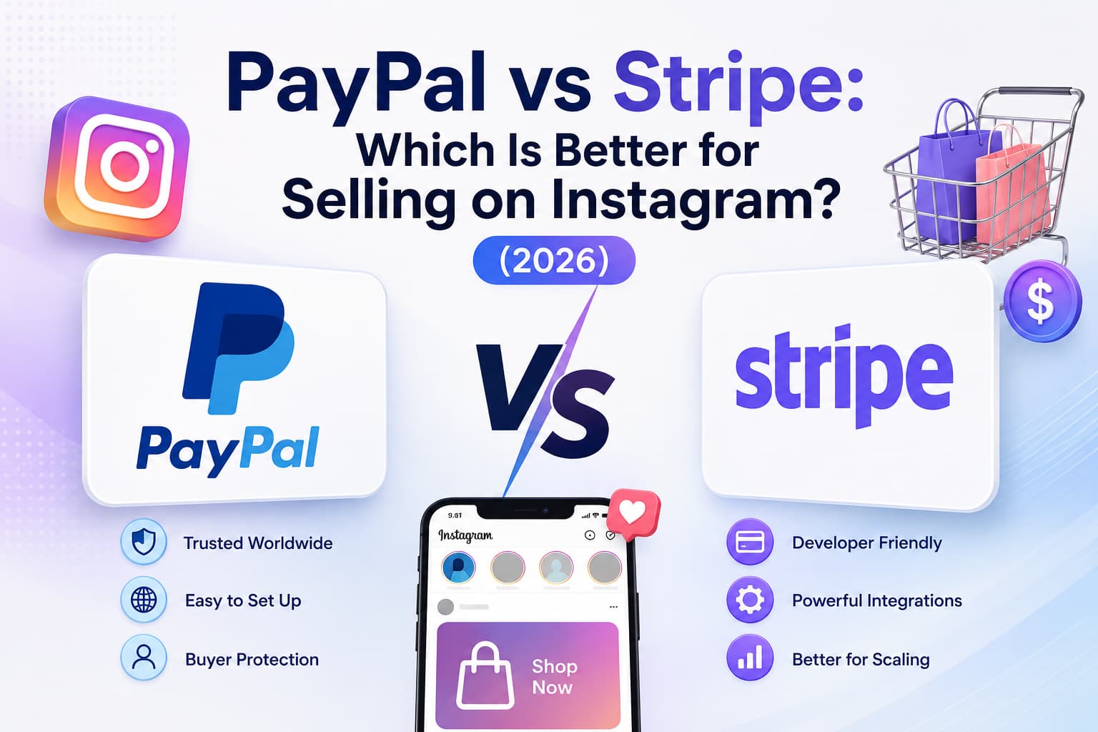 PayPal vs Stripe comparison graphic for Instagram sellers in 2026, featuring the PayPal and Stripe logos on opposite sides with a large VS in the center, an Instagram shopping interface on a smartphone, shopping cart and payment icons, and key benefits including trusted worldwide payments, buyer protection, developer-friendly tools, powerful integrations, and business scalability on a clean white and purple gradient background.