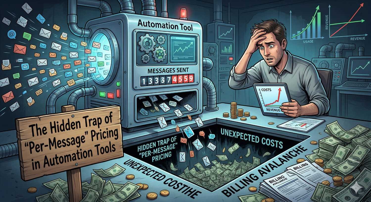 This image illustrates the financial risks associated with usage-based pricing models in digital marketing. It serves as a visual warning for businesses scaling their automation efforts.